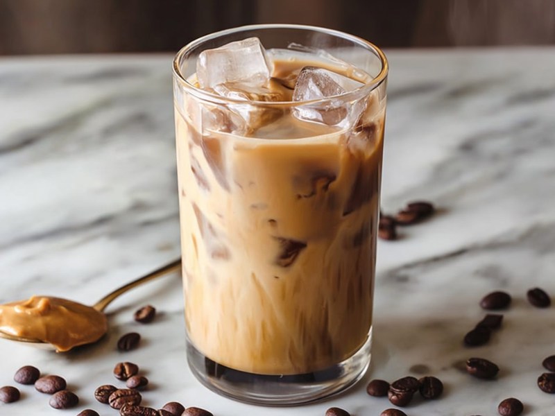 Ein Glas Erdnussbutter-Iced-Latte, das auf einer hellen marmorierten Arbeitsfläche steht. Ringsum liegen Kaffeebohnen verteilt und es ist ein Löffel voll mit Erdnussbutter zu sehen.