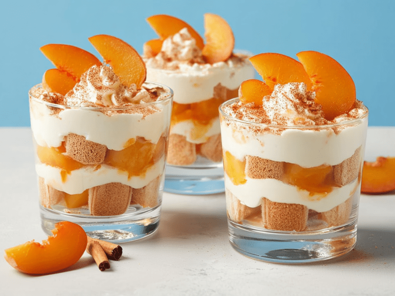 Drei Gläser mit Fantakuchen-Dessert. Eine Pfirsichspalte und eine Zimtstange liegen als Deko davor.