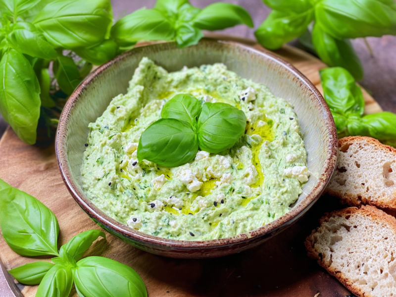 Feta-Basilikum-Dip, serviert in einer Schale.