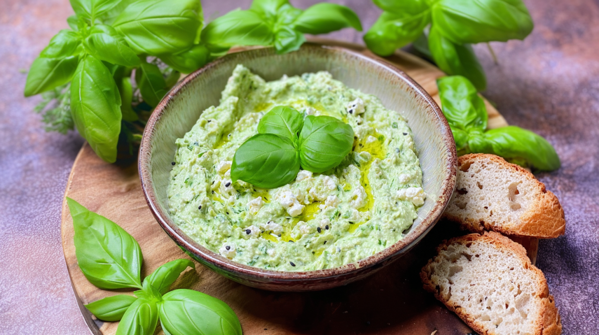 Feta-Basilikum-Dip, serviert in einer Schale.