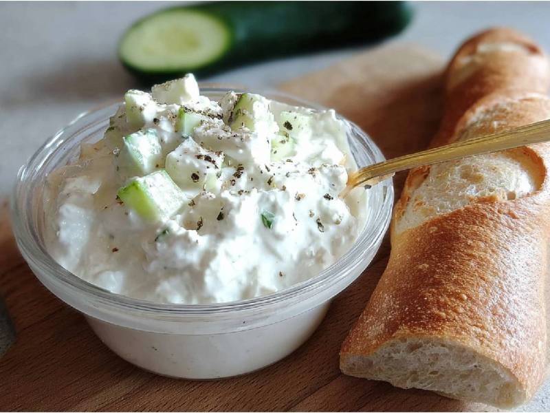 Schale mit Feta-Gurken-Aufstrich und einem Baguette daneben