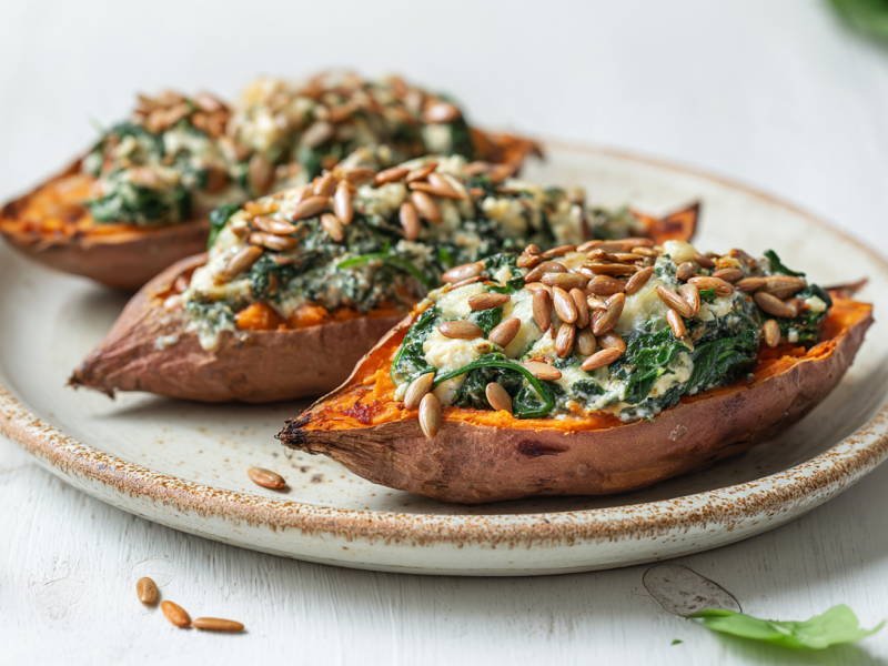 Drei Feta-Spinat-Süßkartoffeln liegen auf einem Keramikteller. Drumherum sind einige Sonnenblumenkerne verteilt. Die Süßkartoffeln sind mit Spinat und Käse gefüllt und mit Sonnenblumenkernen garniert.