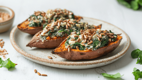 Drei Feta-Spinat-Süßkartoffeln liegen auf einem Keramikteller. Drumherum sind einige Sonnenblumenkerne verteilt. Die Süßkartoffeln sind mit Spinat und Käse gefüllt und mit Sonnenblumenkernen garniert.