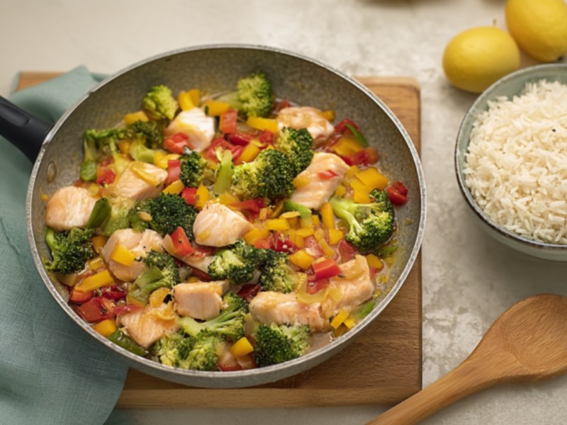 Eine Fischpfanne mit Gemüse, daneben eine Schüssel Reis.