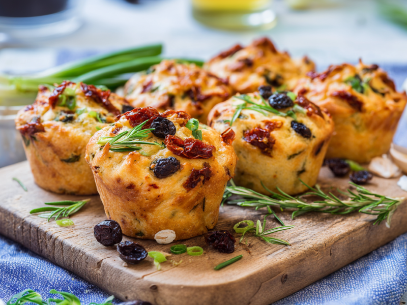 Sechs Focaccia Muffins stehen auf einem Holzbrettchen. Um sie herum verteilt liegen einige schwarze Oliven, Rosmarinzweige und Frühlingszwiebelringe. Im Hintergrund sieht man noch Frühlingszwiebeln, eine Flasche mit Öl und eine Knoblauchknolle.