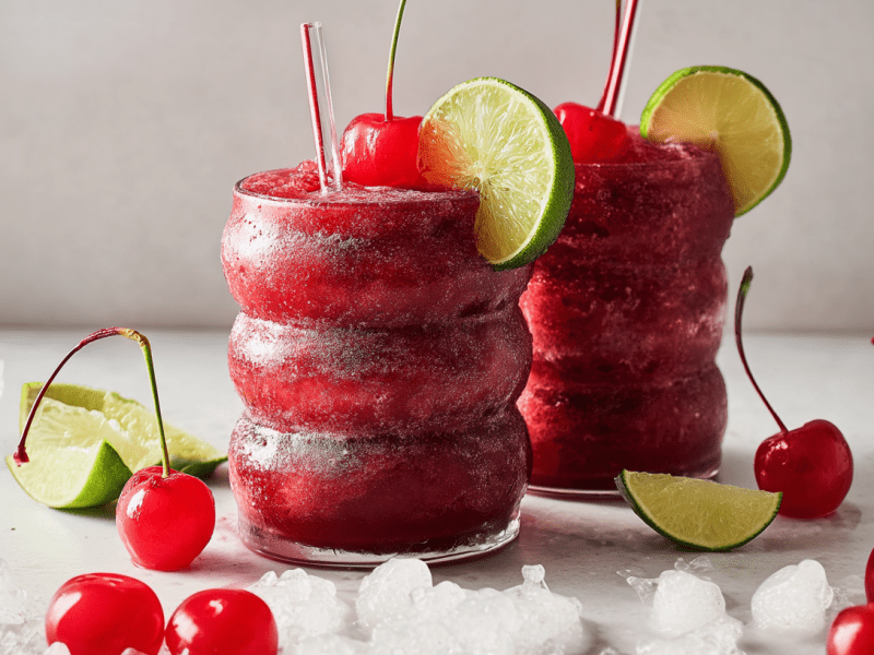 Zwei Gläser mit Frozen Cherry Cola stehen auf einem weißen Untergrund vor einem weißen Hintergrund. Sie sind mit Kirschen und Limettenscheiben garniert. Vor den Gläsern liegen Kirschen, Limetten sowie crushed ice.