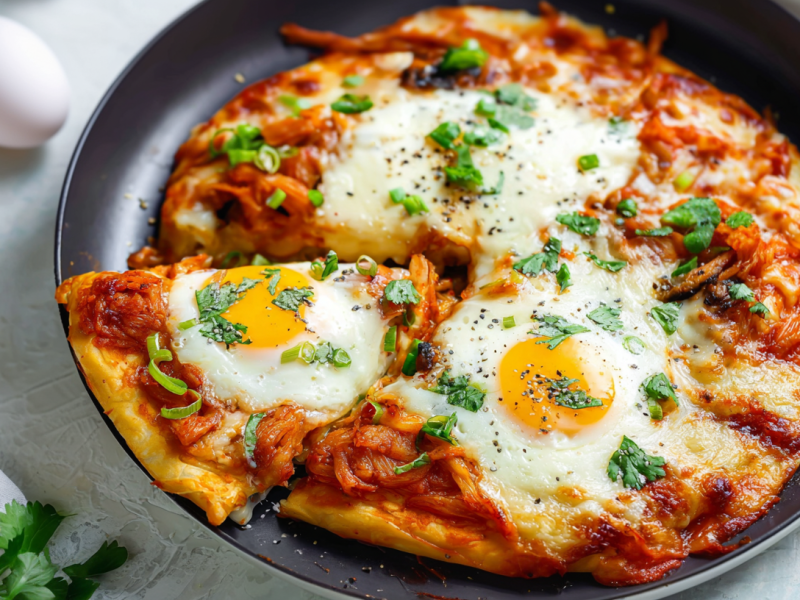 Frühstückspizza mit Kimchi, serviert in einer Pfanne.