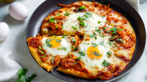 Frühstückspizza mit Kimchi, serviert in einer Pfanne.