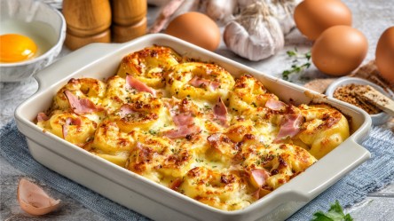 Frühstücksrollen mit Ei, Speck und Käse in einer Auflaufform.