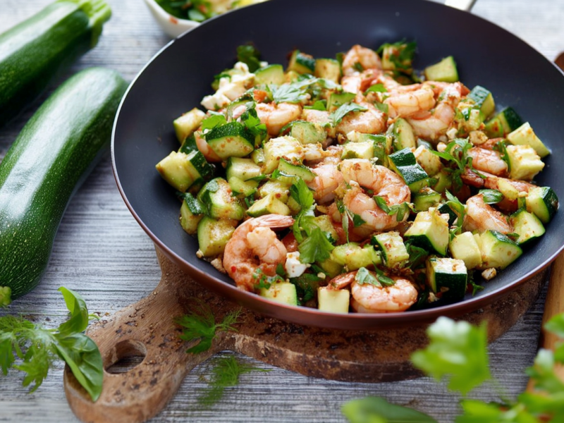 Garnelen-Zucchini-Pfanne, serviert auf einem Holzbrett. Daneben liegen zwei Zucchini und etwas frische Kräuter als Dekoration.