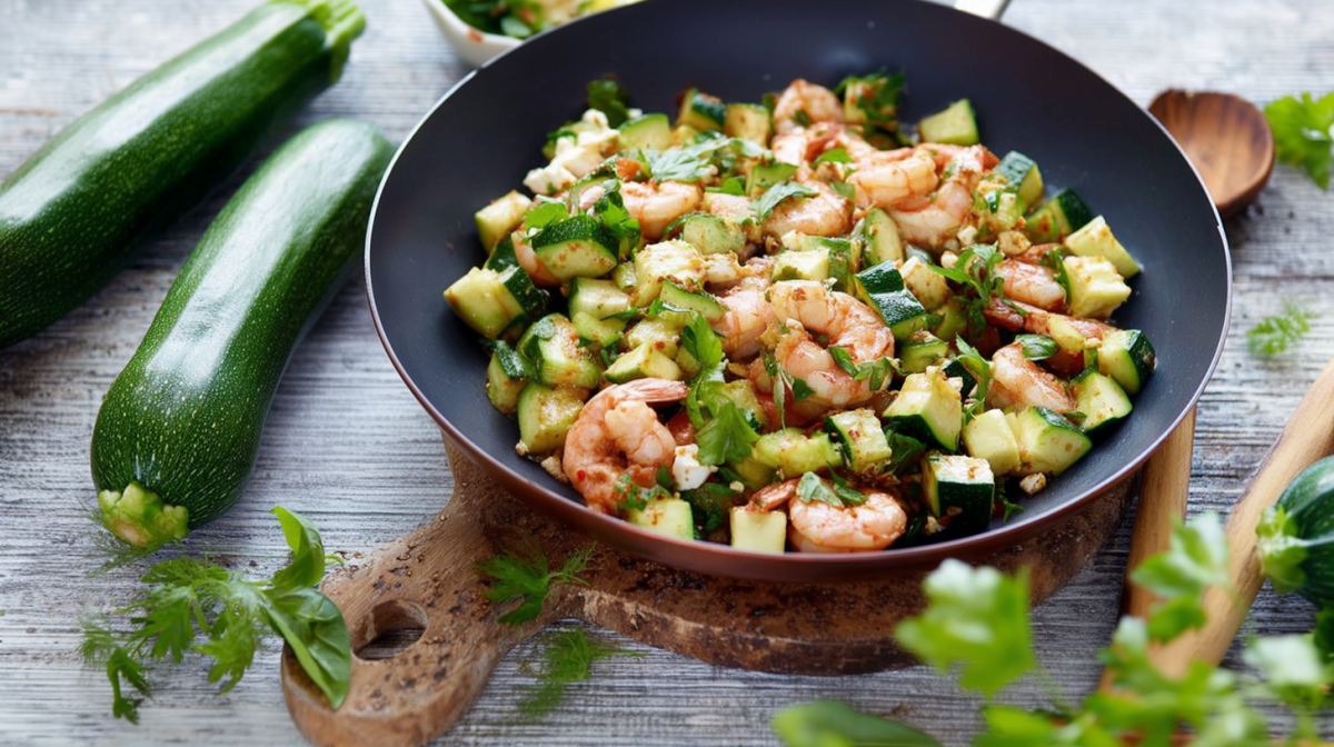 Garnelen-Zucchini-Pfanne, serviert auf einem Holzbrett. Daneben liegen zwei Zucchini und etwas frische Kräuter als Dekoration.