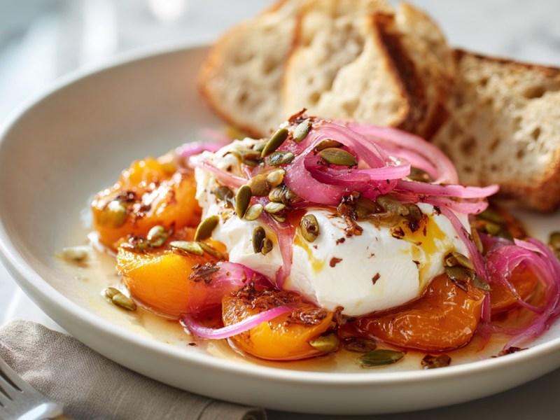 Ein Teller mit gebackenen Aprikosen und Burrata, die mit gerösteten Kürbiskernen und eingelegten roten Zwiebeln garniert sind. Das Ganze ist mit frischem knusprigem Brot serviert. Neben dem Teller liegt eine Gabel.