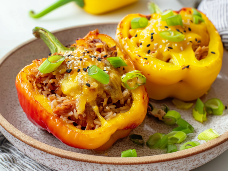 Zwei gefüllte Paprika mit Teriyaki-Hähnchen auf einem grauen Teller. Im Hintergrund sieht man ein paar Ananasstücke sowie eine gelbe Paprikaschote.
