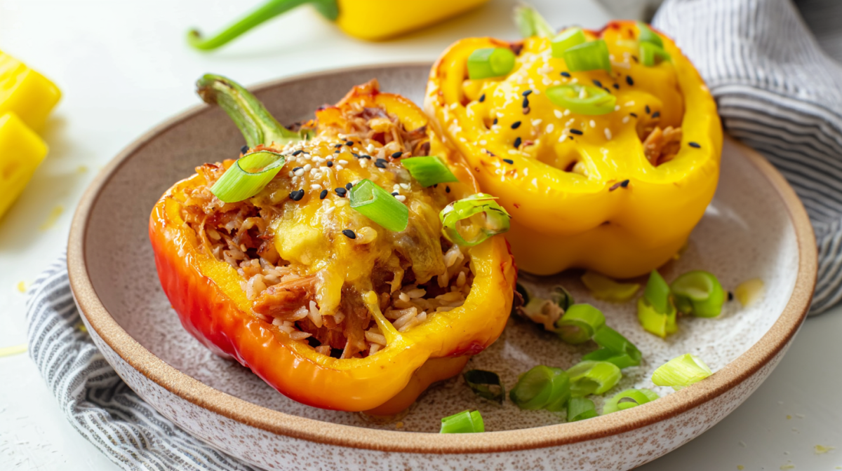 Zwei gefüllte Paprika mit Teriyaki-Hähnchen auf einem grauen Teller. Im Hintergrund sieht man ein paar Ananasstücke sowie eine gelbe Paprikaschote.