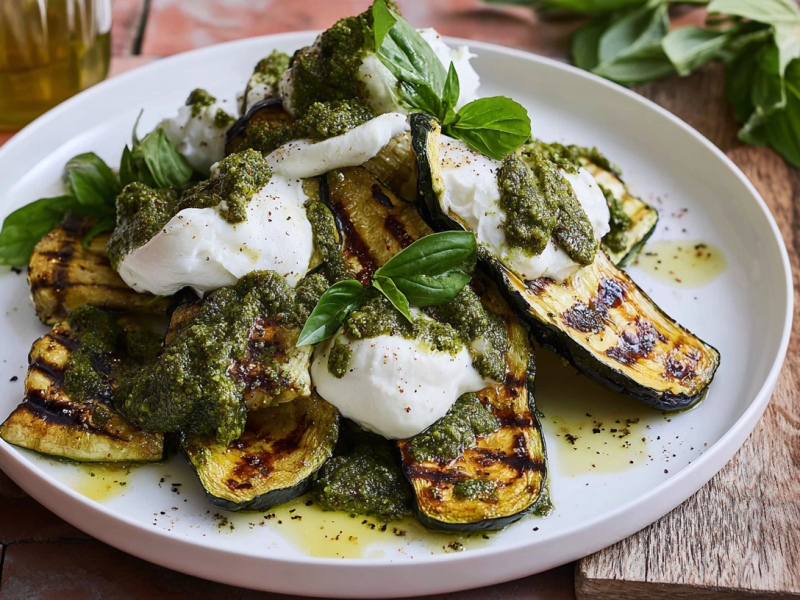 Gegrillte Zucchini mit Burrata und Pesto auf einem Teller mit hohem Rand.