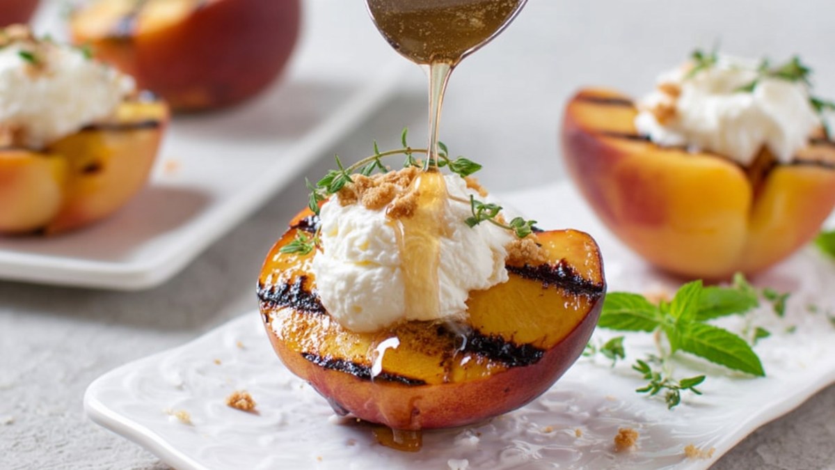 Ein halber gegrillter Pfirsich mit Mascarpone und Honig, der mit ein paar feinen Amarettini-Krümeln und Thymian garniert ist. Im Hintergrund sind weitere gegrillte Pfirsiche zu erkennen.