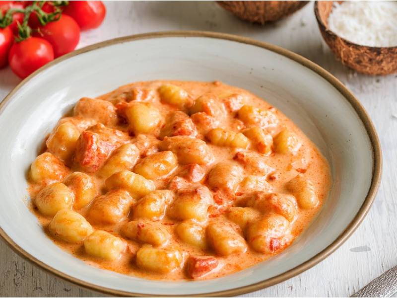 Ein Teller mit Gnocchi in Tomaten-Kokossoße auf einem Tisch, frische Tomaten daneben