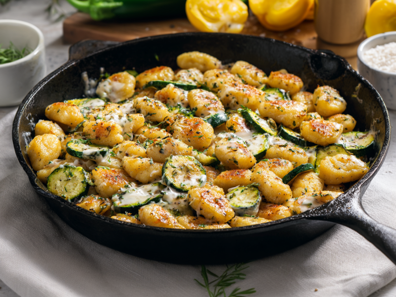 Eine Gnocchi-Zucchini-Pfanne auf einem weißen Küchentuch. Im Hintergrund sieht man noch einige Zitronen liegen. Die Pfanne ist umringt von einigen frischen Rosmarin-Zweigen.
