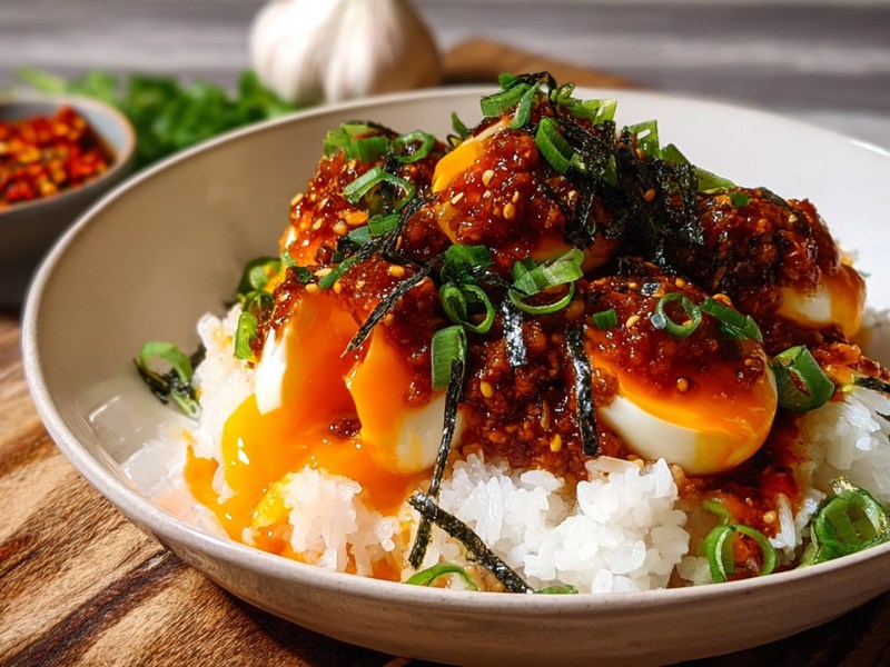 Eine Schüssel mit Reis und Gochujang-Eiern. Das Ganze ist mit Nori und Frühlingszwiebeln garniert. Im Hintergrund kann man eine Schale Chiliflocken sowie eine Knoblauchknolle erkennen.