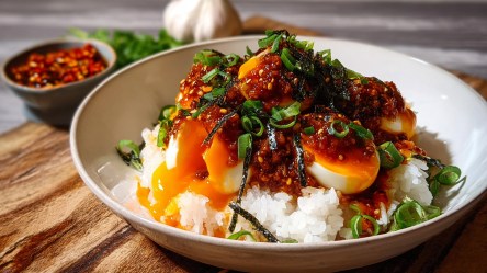 Eine Schüssel mit Reis und Gochujang-Eiern. Das Ganze ist mit Nori und Frühlingszwiebeln garniert. Im Hintergrund kann man eine Schale Chiliflocken sowie eine Knoblauchknolle erkennen.