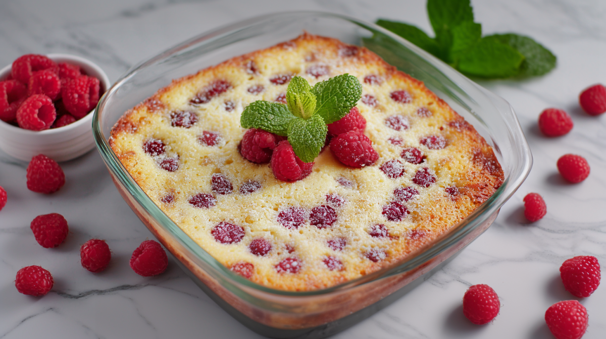 Eine Auflaufform gefüllt mit Grießauflauf mit Himbeeren und Quark. Dekoriert mit frischen Himbeeren und Minzblättern. Einige Himbeeren liegen um die Form herum.