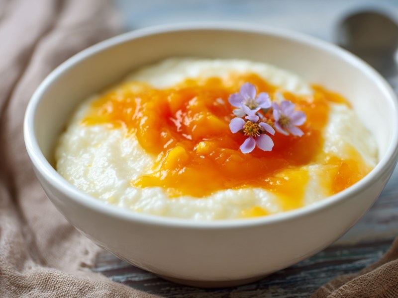 Eine Schüssel Grießquark mit Pfirsich-Nektarinenmus. Das Ganze ist mit 3 kleinen violetten Blumen dekoriert. Neben der Schüssel liegt ein beiges Tuch drapiert und ein Löffel.