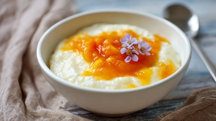 Eine Schüssel Grießquark mit Pfirsich-Nektarinenmus. Das Ganze ist mit 3 kleinen violetten Blumen dekoriert. Neben der Schüssel liegt ein beiges Tuch drapiert und ein Löffel.