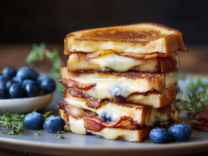 Ein Teller mit einem Stapel Grilled Cheese Sandwiches mit Blaubeeren, Bacon und Brie.