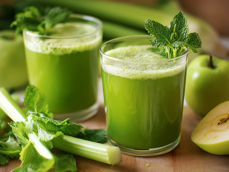 Grüner Saft, auf zwei Gläser verteilt und mit zwei Minzezweigen dekoriert. Äpfel, Staudensellerie und frische Minze liegen als Dekoration außen herum.