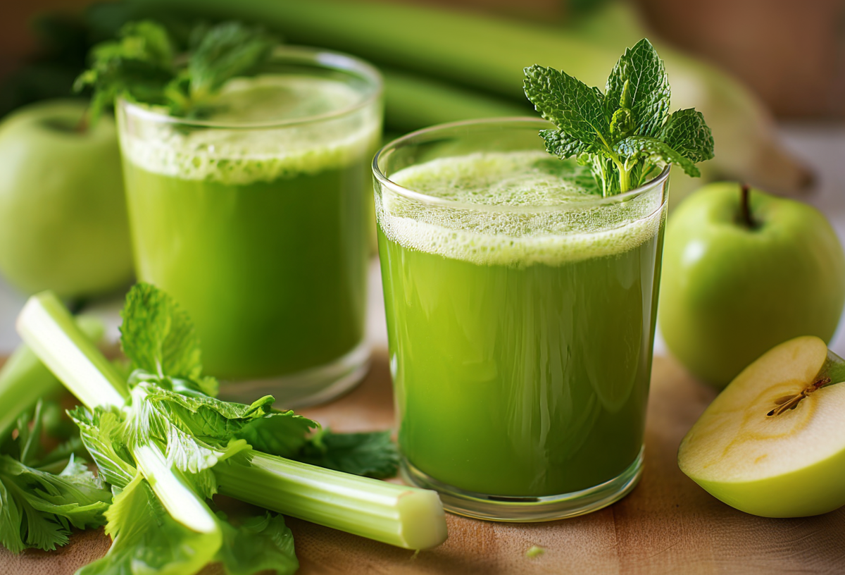 Grüner Saft, auf zwei Gläser verteilt und mit zwei Minzezweigen dekoriert. Äpfel, Staudensellerie und frische Minze liegen als Dekoration außen herum.