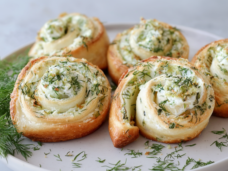 Fünf Gurken-Frischkäse-Schnecken liegen auf einem weißen Teller. Sie sind mit frischem Dill bestreut und daneben liegt noch weiterer frischer Dill.