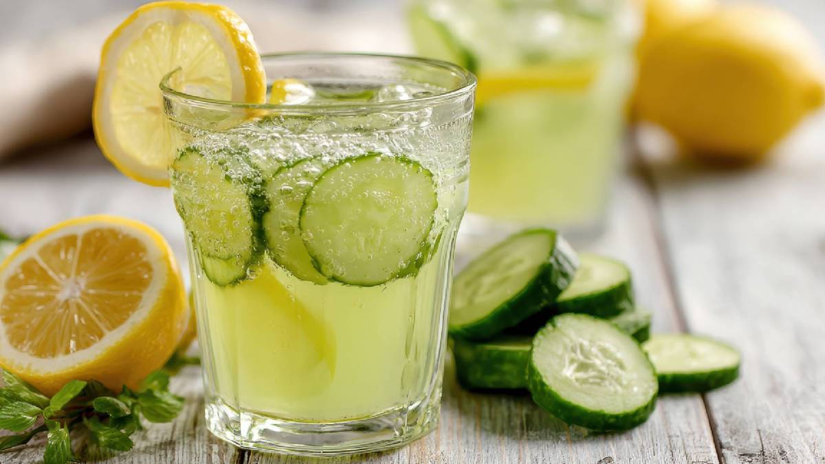 zwei Gläser Gurkenlimonade auf einem Tisch