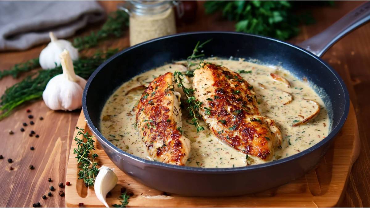 Pfanne mit Hähnchenbrust in Kräutersoße