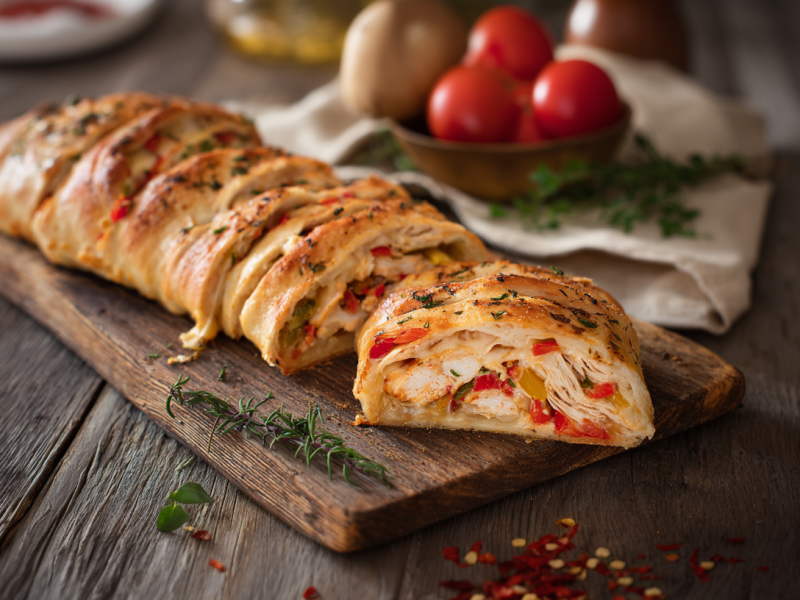 Ein Hähnchen-Speck-Stromboli auf einem rustikalen Holzbrett. Links liegen einige Chilischoten. Im Hintergrund sieht man eine Schale mit Tomaten. drumherum liegen frische Kräuter verteilt.