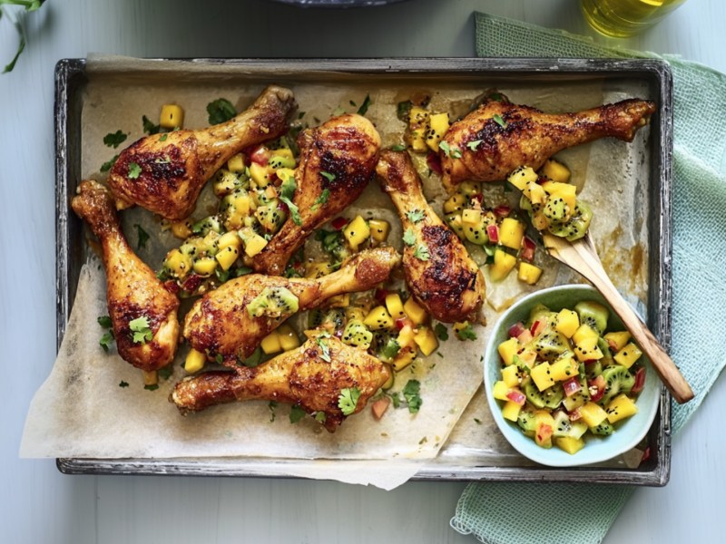 Ein Blech voller Hähnchenkeulen mit Mango-Kiwi-Salsa in der Draufsicht.
