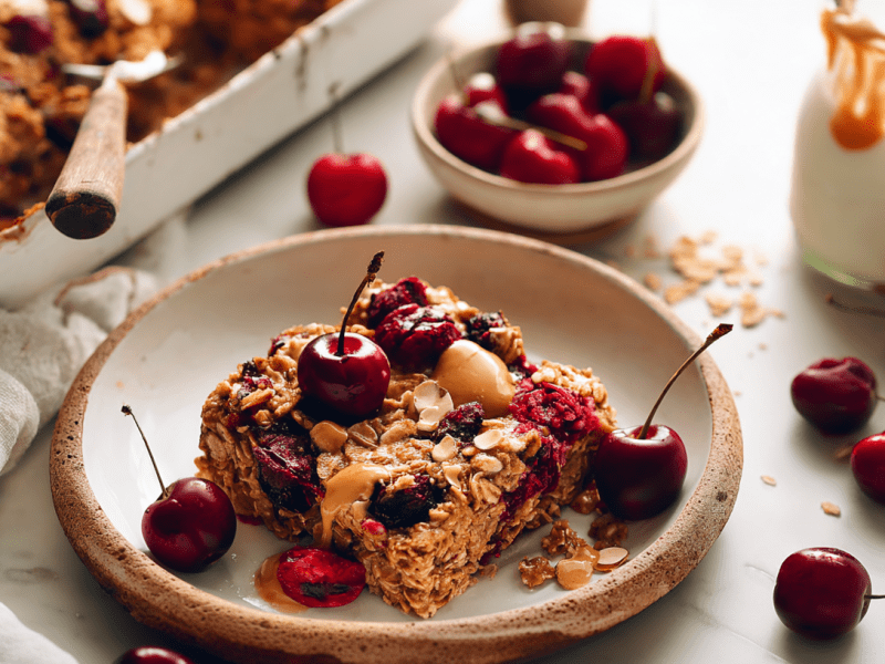 Ein Stück Haferflockenauflauf mit Kirschen auf einem Teller mit Rand.
