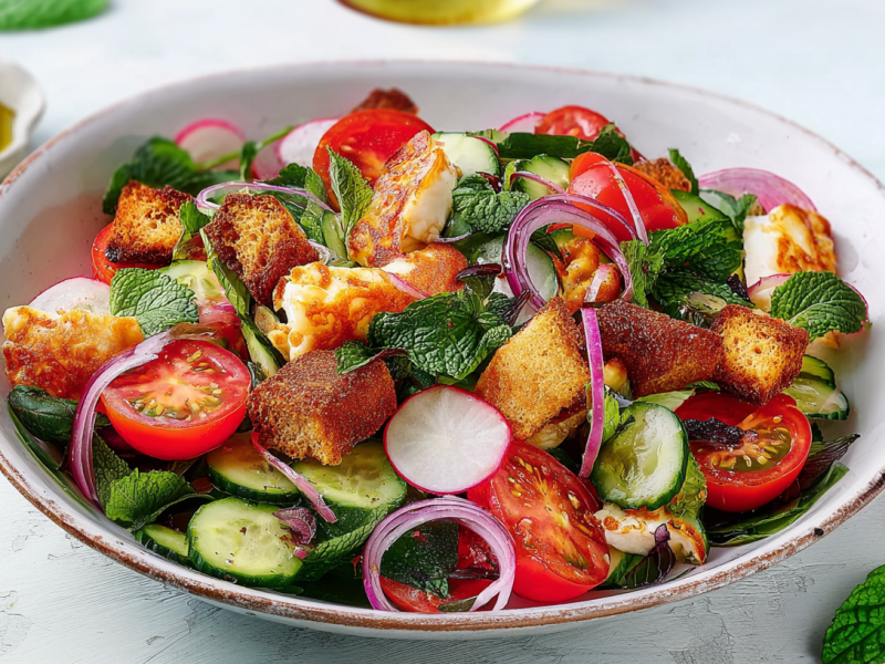 Halloumi-Salat mit Croissant-Croutons, serviert in einer Schale.