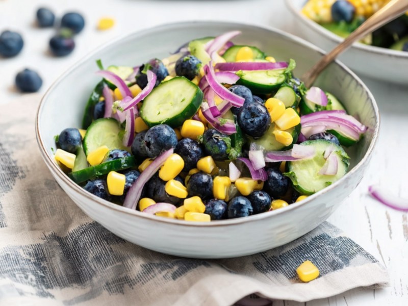 Eine Schüssel Heidelbeer-Mais-Salat mit einem Löffel drin.