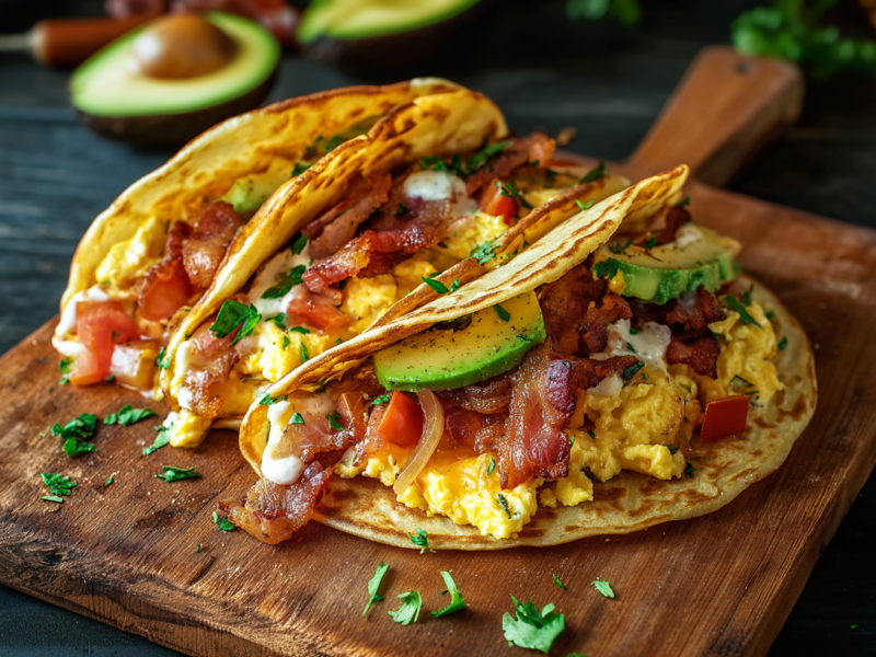 Drei herzhafte Pfannkuchen-Tacos liegen auf einem Holzbrett. Man sieht die Füllung aus Rührei, Bacon und Acocado. Im Hintergrund liegen drei aufgeschnittene Acocadohälften.