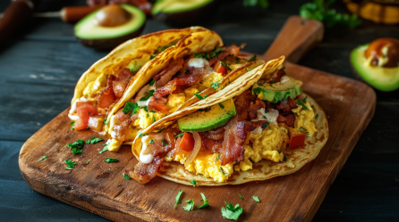 Drei herzhafte Pfannkuchen-Tacos liegen auf einem Holzbrett. Man sieht die Füllung aus Rührei, Bacon und Acocado. Im Hintergrund liegen drei aufgeschnittene Acocadohälften.
