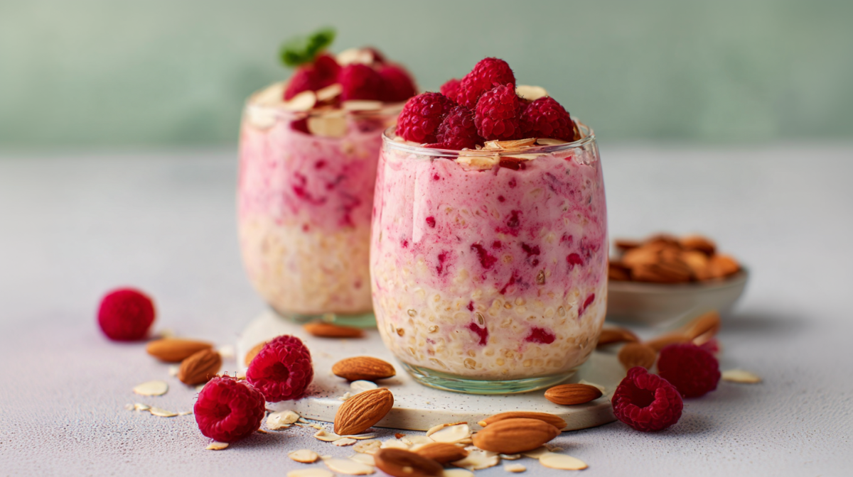 Zwei Gläser mit Himbeer-Mandel-Overnight-Oats, darum liegen Früchte und Mandeln als Dekoration