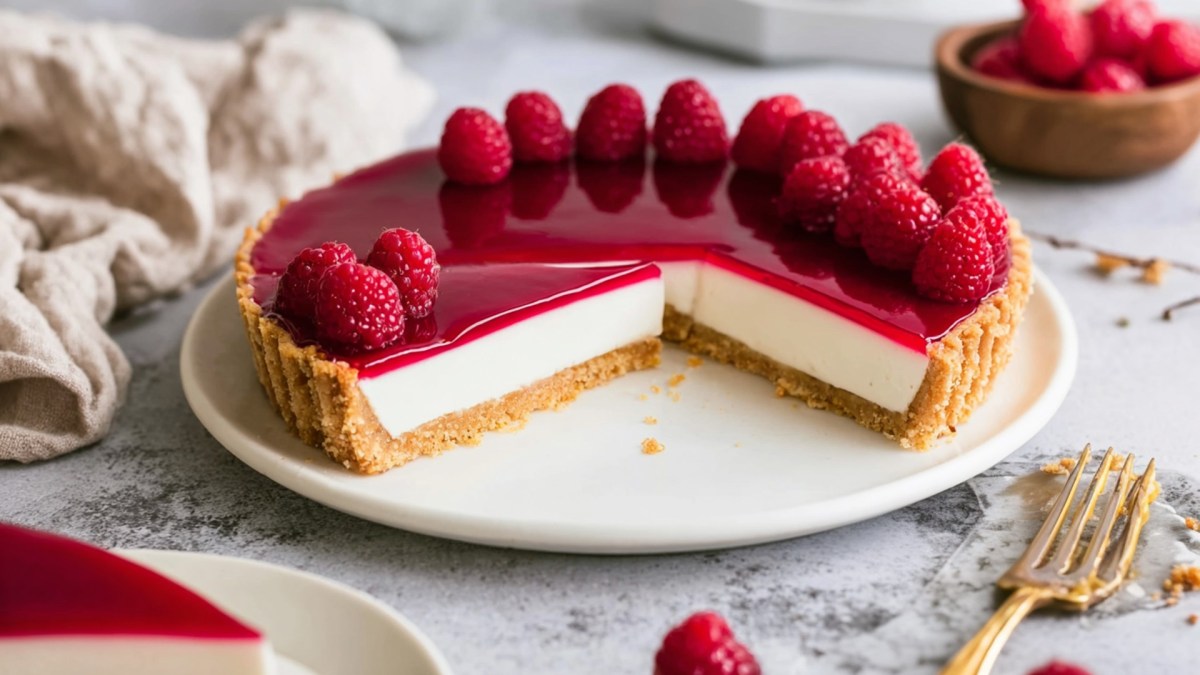 Ein Teller, auf dem man eine angeschnittene Himbeer-Panna-Cotta-Tarte zu sehen ist, die mit frischen Himbeeren garniert ist. Neben dem Teller liegt eine alte Kuchengabel. Im Hintergrund ist eine Schale zu sehen mit Himbeeren. Im Vordergrund kann man ein Stück Tarte auf einem Teller erkennen.