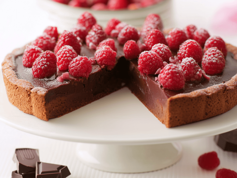 Angeschnittene Himbeer-Schoko-Tarte auf einer Etagere.