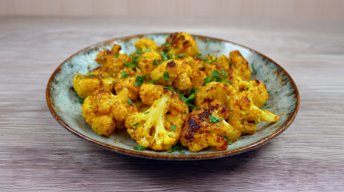 Honig-Curry-Blumenkohl auf einem grauen Teller. Die Blumenkohlröschen sind durch die Marinade gelblich und mit frischen Kräutern bestreut.