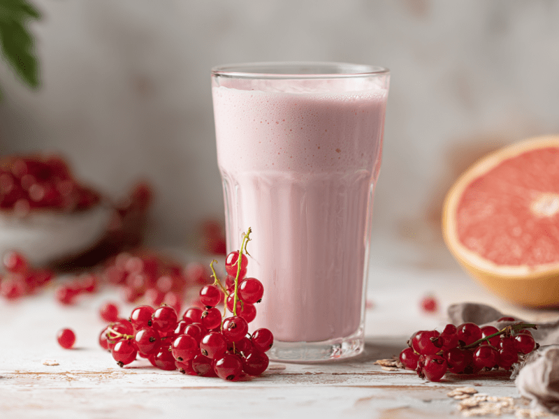 Ein Glas mit Johannisbeer-Lassi steht auf einem Tisch. Davor und daneben liegen einige Johannisbeeren. Im Hintergrund liegt eine aufgeschnittene Grapefruit.