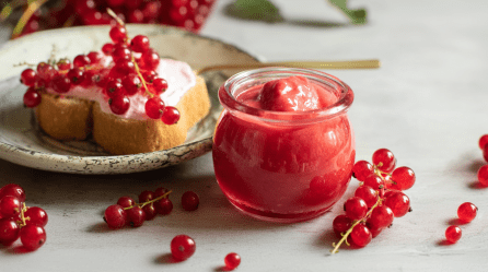 Ein Glas mit Johannisbeeren-Curd auf einem grauen Tisch. Um das Glas liegen einige Johannisbeeren verteilt. Links neben dem Glas steht ein Teller mit einem Brot, auf dem der Aufstrich sowie einige Johannisbeeren liegen.