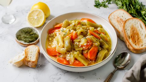 Karotten-Lauch-Reis in einer weißen Schüssel. Links neben der Schüssel liegen von oben nach unten Zitrone, etwas frischer Dill und Brot. Auf der rechten Seite liegen Petersilie, Brotscheiben, ein Löffel sowie ein graues Tuch.