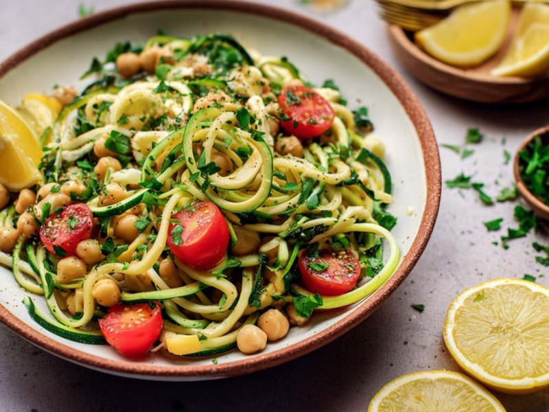 Eine Schüssel mit Kichererbsen-Zoodle-Salat mit Tahini-Dressing. Daneben liegen einige Zitronenscheiben als Dekoration und ein Schälchen mit frischer Petersilie.