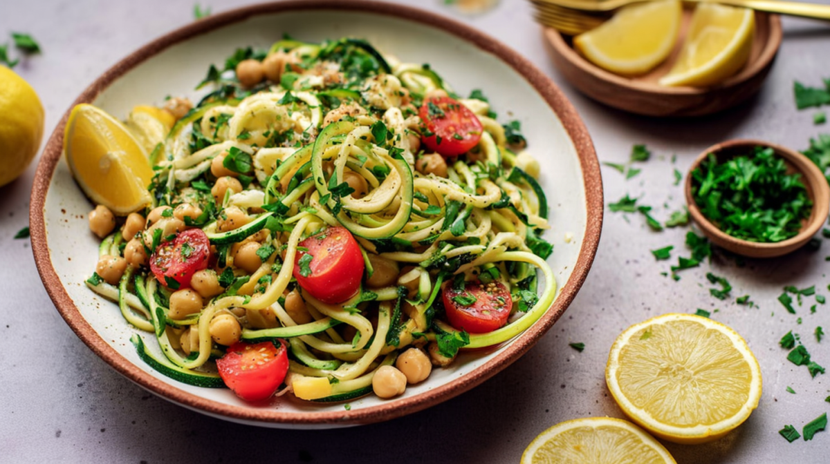 Eine Schüssel mit Kichererbsen-Zoodle-Salat mit Tahini-Dressing. Daneben liegen einige Zitronenscheiben als Dekoration und ein Schälchen mit frischer Petersilie.