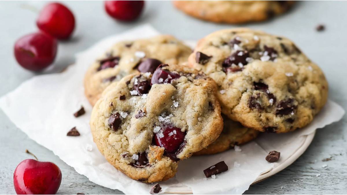 Kirsch-Cookies auf einem Tisch mit frischen Kirschen daneben